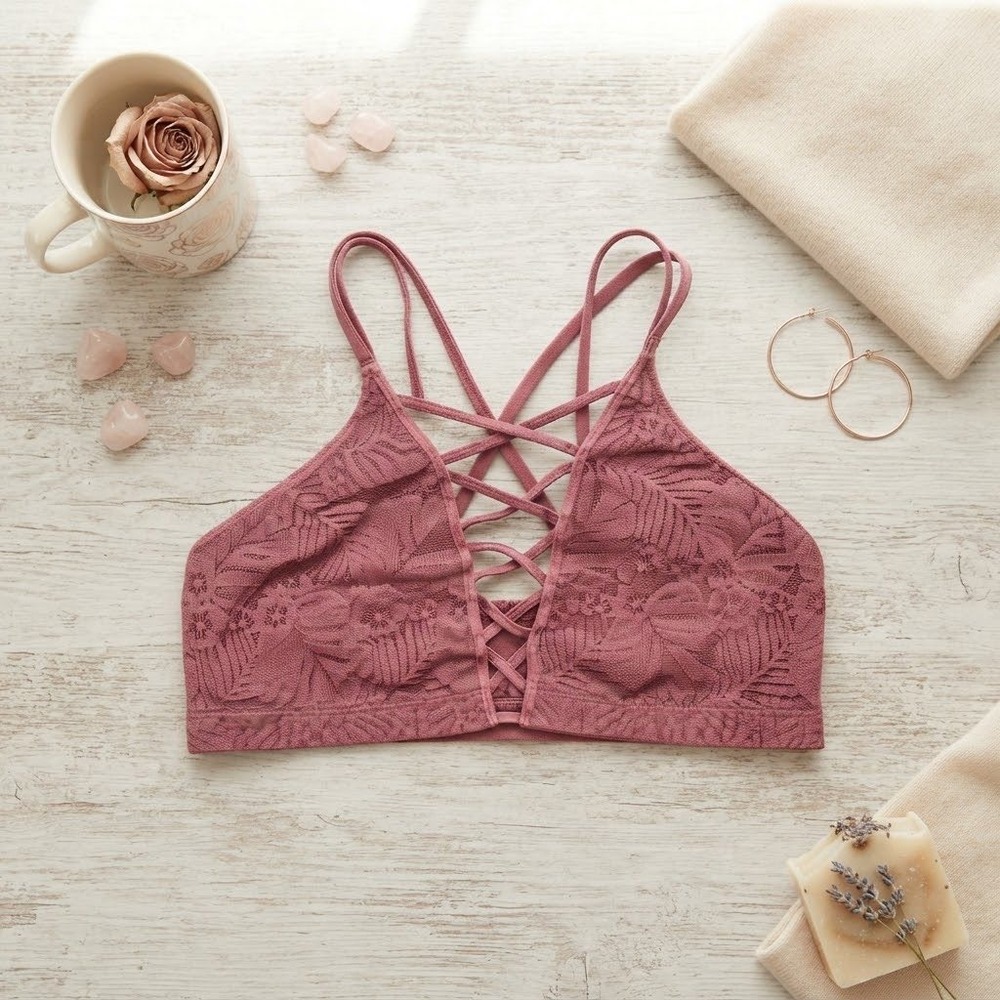 Pink Victorias Secret Lace Bralette High Neck Strappy Crisscross Rose Medium
